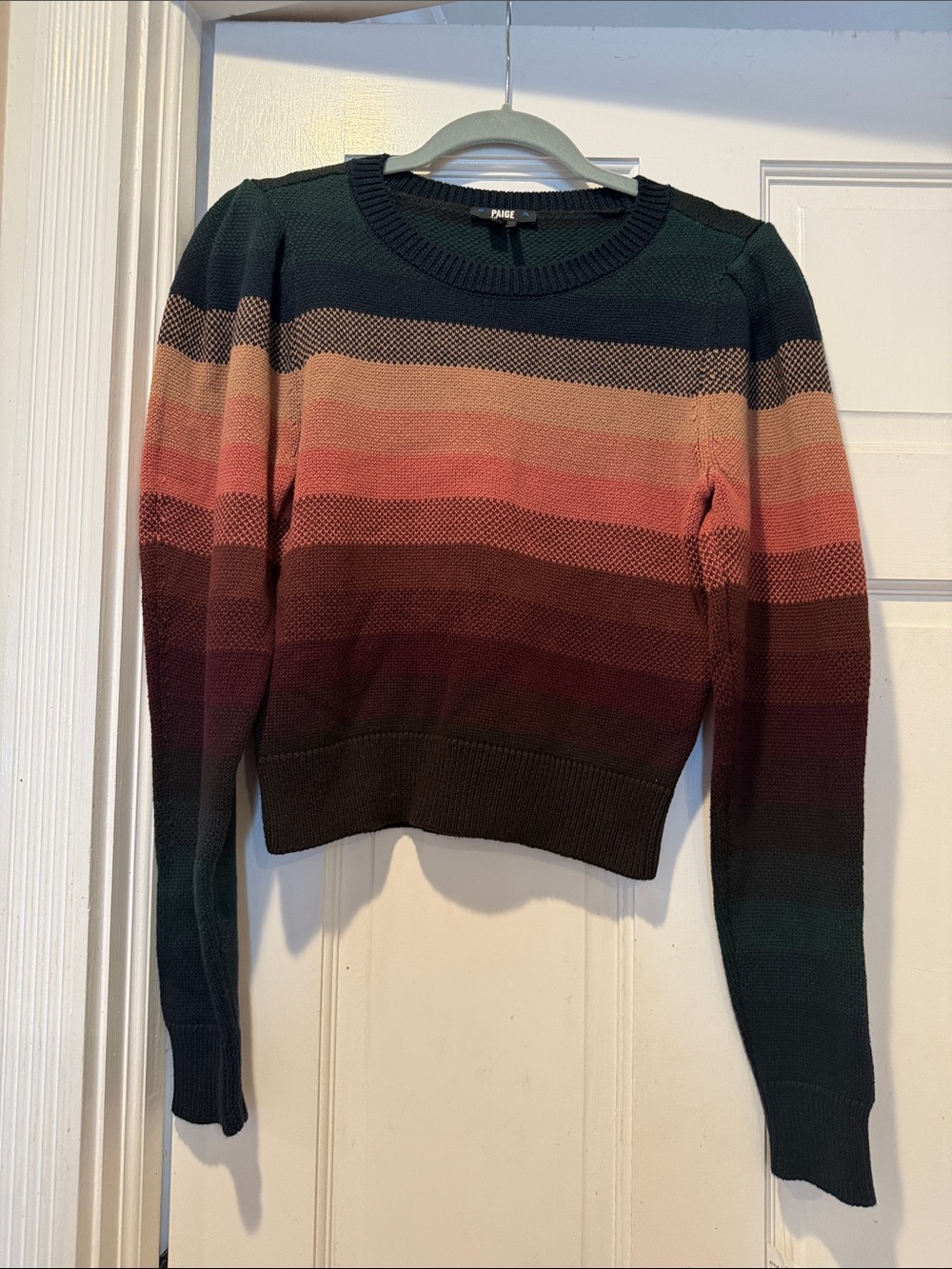 PAIGE Striped Crewneck Sweater in Forest, Coral & Burgundy